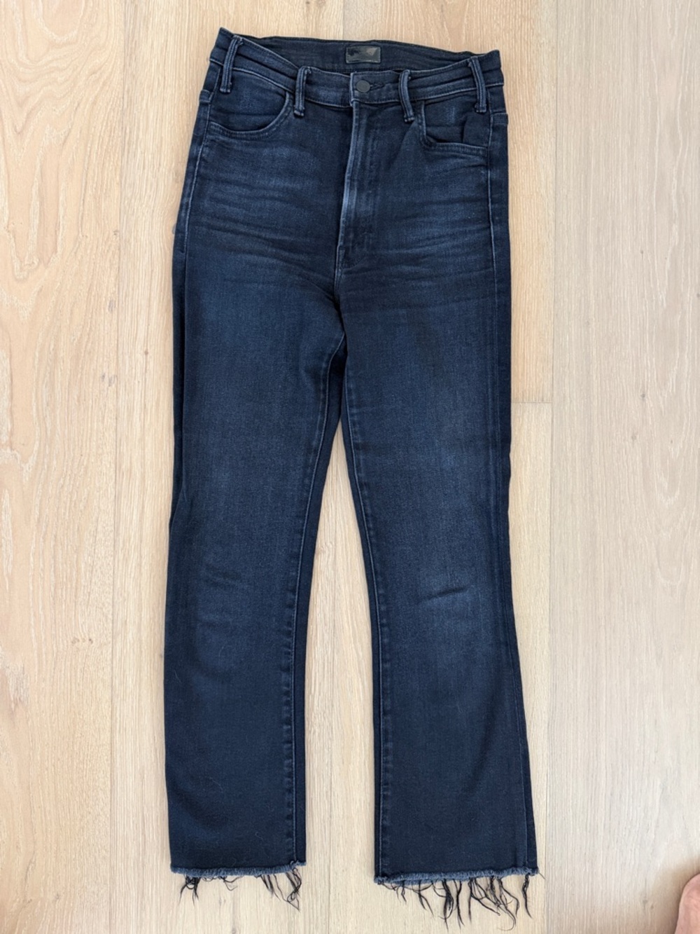 MOTHER Black Cropped Raw-Hem High-Rise Jeans